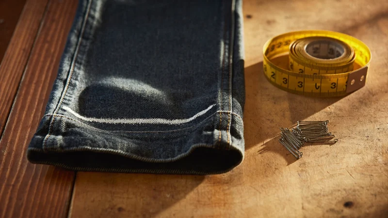 Illustrierte dunkle Jeans mit Kreidemarkierung am Saum, Maßband und Stecknadeln auf dem Tisch
