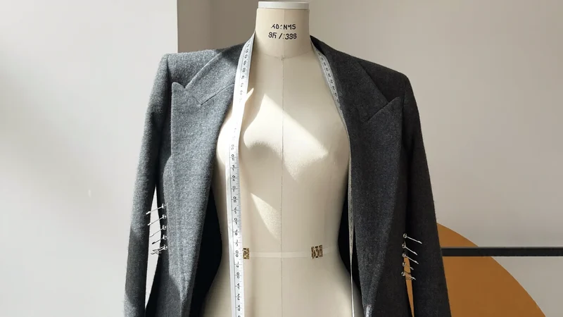 Illustrierter Blazer auf der Schneiderpuppe, an Taille und Seiten mit Stecknadeln abgesteckt
